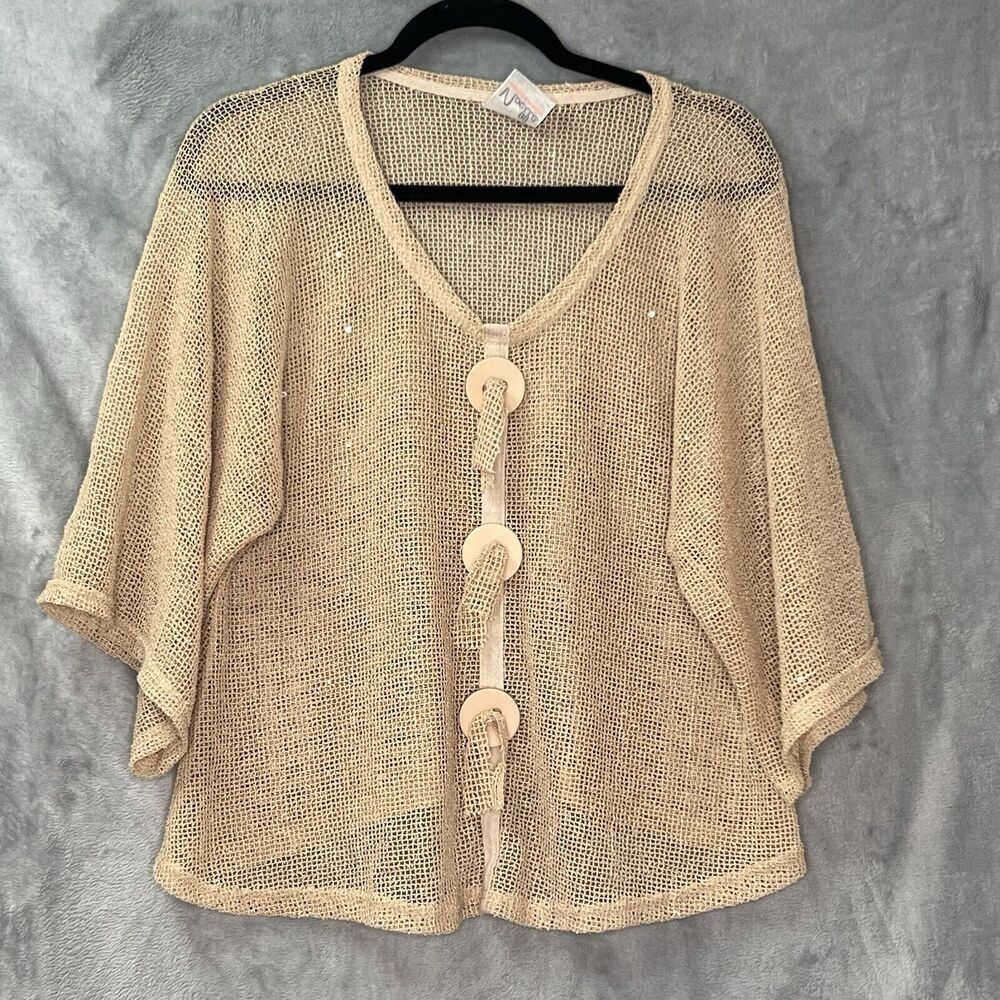 NOELLE Sequin Mesh Crop Top Swim Cover Up Beach Blouse Sheer One Size Beige